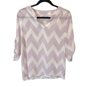 Sweet Salt Sheer Blouse Womens Small Shirt 3/4 Sleeve VNeck White Purple Chevron